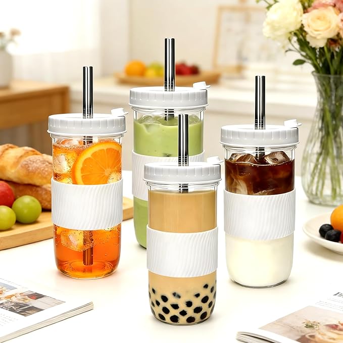 Mapoxy 6 Pack 24oz Mason Jar Cups with Lids and Straws, White Boba Cups Set, Glass Drinking Jars for Bubble Tea, Smoothie, Iced Coffee, Complete with Sleeves, Dishwasher Safe Reusable Tumbler