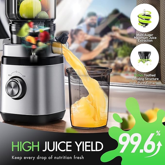 Juicer Machines, Cold Press Juicer with Wide Feed Chute, Slow Masticating Juicers for Whole Vegetables & Fruits, High Juice Yield, Easy to Clean, Large Auger, Light Silver