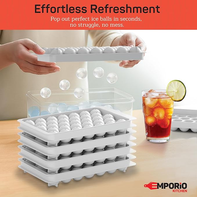 Emporio Kitchen Round Ice Cube Tray Set Pack of 4, BPA-Free Stackable Trays with Lid & Tongs, 33 Ice Balls Per Tray for Whiskey, Drinks, and Cocktails, Quick Release Round Ice Cube Mold, White