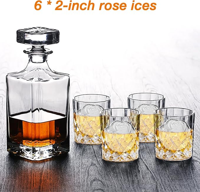 CAMKYDE Rose Ice Cube Tray 2 Inch [1 Mold + 1 Funnel + 6 Stoppers], 6 Cavity Silicone Rose Ice Cube Mold for Whiskey, Chilling Cocktails, Bourbon, Juice (Blue)