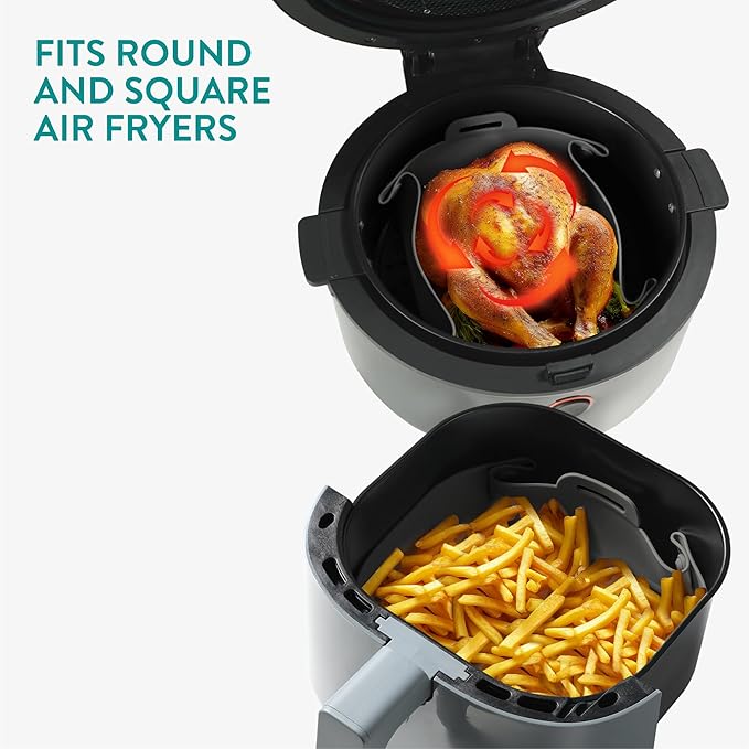 Navaris Silicone Air Fryer Liners (Set of 2) - Reusable Liner with Foldable Design 25cm x 28.2cm (9.8" x 11.1") - Basket Tray Mat - Dishwasher Safe - Grey