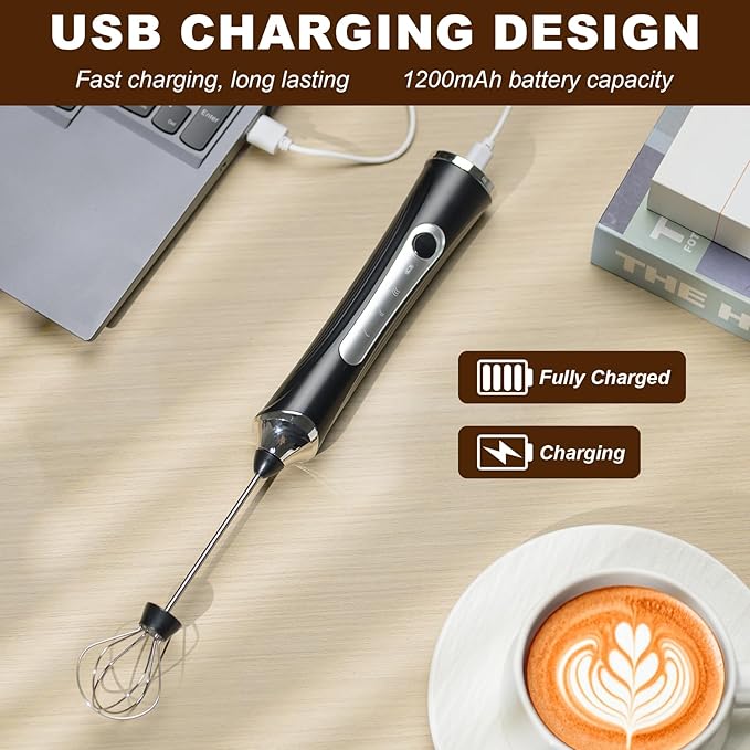 Handheld Electric Milk Frother with 2 Heads, Coffee Whisk Foam Mixer with USB Rechargeable 3 Speeds, Foam Maker Blender for Latte, Cappuccino, Hot Chocolate, Egg (Black with 2Head+Box)