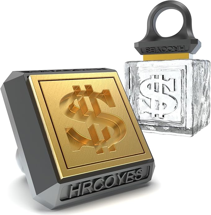 Square Ice Stamp Ring – 3 mm Brass Personalized Cube & Sphere Press, Ready-to-Gift Clear Acrylic Christmas Box, Custom Letter/Pattern Imprint for Whiskey & Cocktails (Letter Dollar)