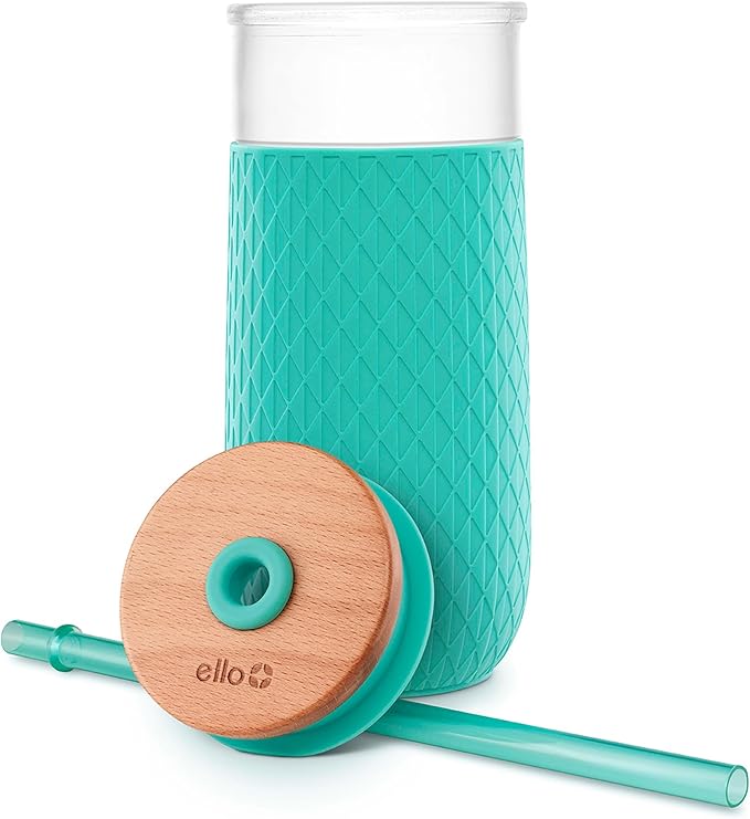 Ello Devon 18oz Glass Tumbler with Straw, Friction Fit Bamboo Wood Lid and Silicone Sleeve | Perfect for Iced Coffee, Tea, and Smoothies