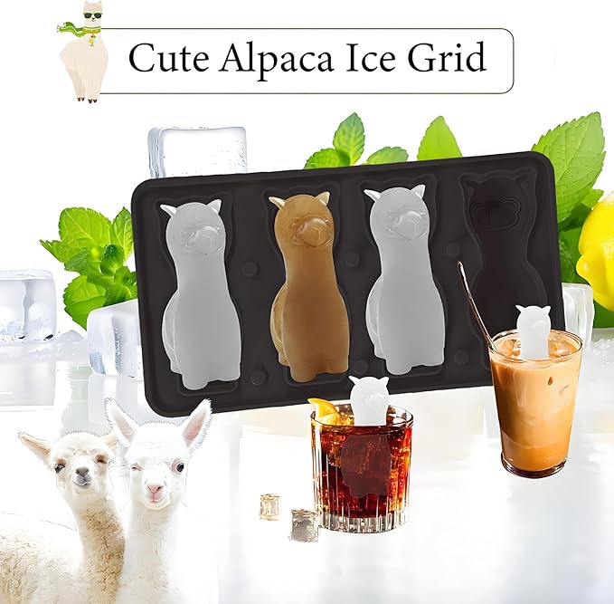 3D Alpaca Ice Cube Mold, 4 Hole Fun Shapes Large Daarcin Ice Cube Tray for Whiskey,Cocktail,Bourbon, Cute Novelty Animal Gifts for Women, BPA Free (Black)