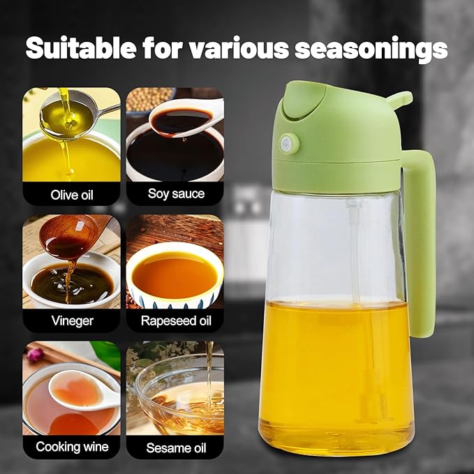 2 In 1 Oil Dispenser And Oil Sprayer, 16 Oz/470 Ml Oil Dispenser For Kitchen Spray, With Fine Mist Nozzle, Suitable For Cooking, Air Fryer, Salad, Grilling(green)