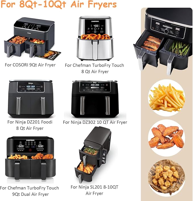 2Pcs Air Fryer Silicone Liners for Ninja SL401 /DZ201/ DZ401/ DZ550 8-10 QT, Reusable Liners for COSORI, Chefman, Instant Air Fryer, Silicone Air Fryer Basket Liners with Magnetic Cheat Sheet, Grey