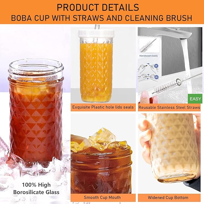 2 Pcs Glass Cups with Lids and Straws - 24oz Wide Mouth Mason Jar Drinking Glasses, Cute Reusable Smoothie cup, Iced Coffee Glasses, Travel Tumbler for Bubble Tea, Juice