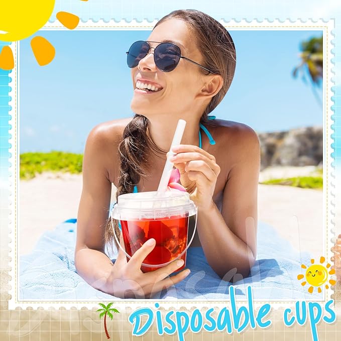 Funnymoom 50 Set 16oz Clear Plastic Drink Buckets with Lids and Straws Disposable Iced Coffee Cups Rum Buckets for Cocktail Parties Smoothie Cup Bulk with Handles for Beach Pool Party Supplies