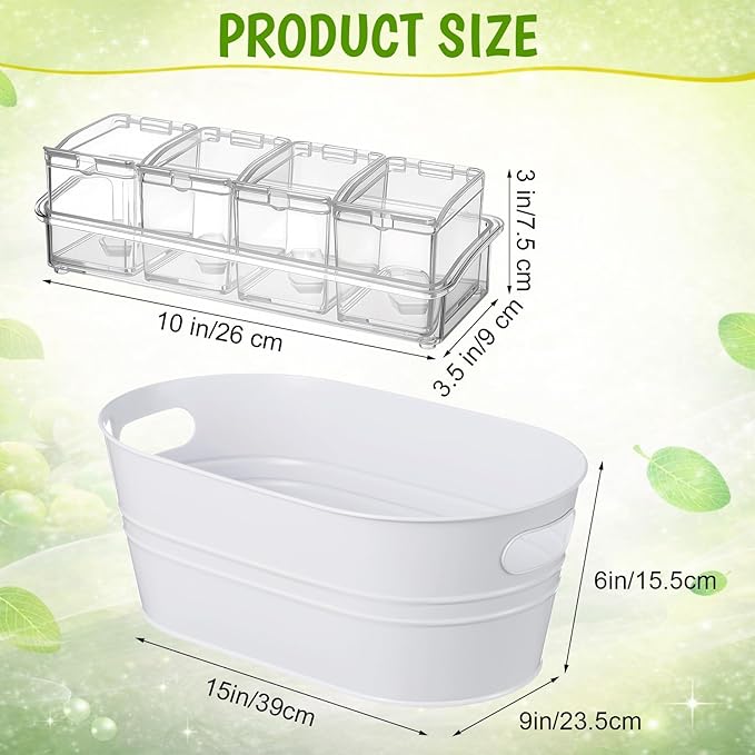 2 Pcs 4 Gallon Galvanized Metal Ice Buckets Large Metal Drink Bucket 2 Pcs Condiment Caddy Clear 4 Compartment with Lid and Spoon for Summer Birthday Party Dinner Wedding Mimosa Bar(White)
