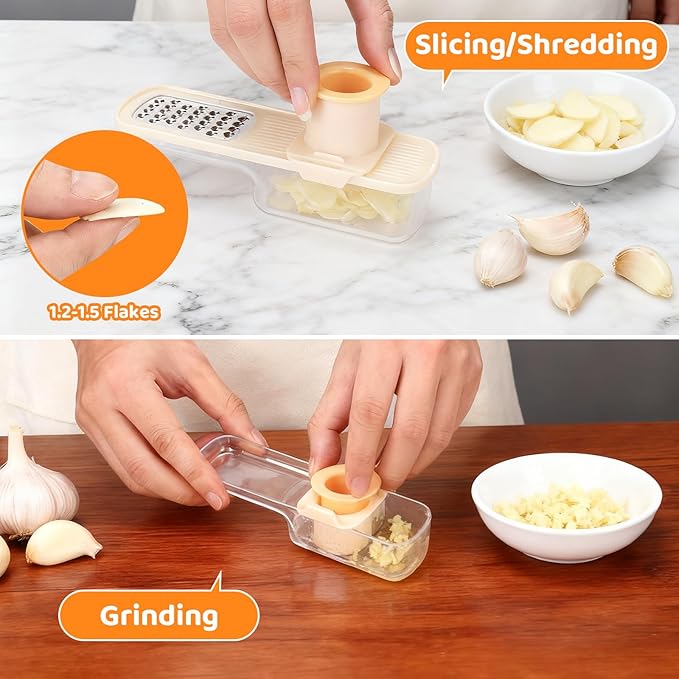 Palksky Garlic Mandolines Slicer Super Thin, 3 in 1 Multifunctional Garlics Grinder with Shredder Grinder Slicer, Portable Garlic Chopper, Kitchen Gadgets - 2PCS