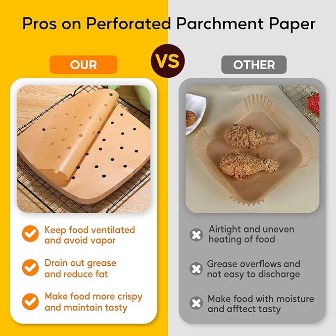 Katbite 200Pcs 9 Inch Parchment Paper, Heavy Duty Perforated, Unbleached Liners, Squares for Air Fryer, Steamer, Oven, Frying Chicken