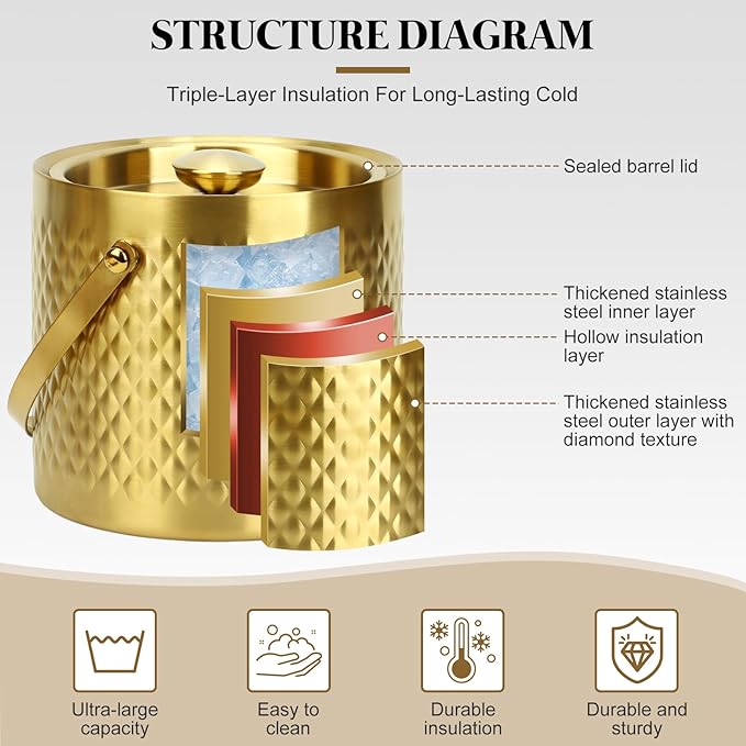 Gold Ice Bucket with Lid, Handle and Tong Insulated 3L Double Wall Stainless Steel Champagne Bucket with Silicone Sealing Ring, Scoop & Strainer, Metal Ice Bucket for Bar, Party, Home Entertaining