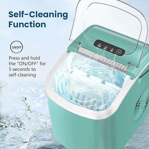 Ice Makers Countertop, Portable Ice Maker Machine with Carry Handle, 26Lbs/24H, Ice Machine Self-Cleaning with Basket and Scoop for Home Kitchen Party,Green