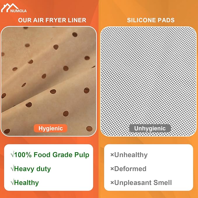 Numola 100 Pcs Air Fryer Liners Disposable Parchment Paper, 10 Inch Perforated Airfryer Sheets for Baking, Square Non-Stick Steamer Liner for Oven, Microwave, Steaming Basket