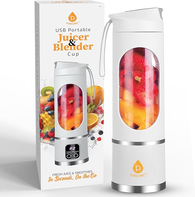 Pursonic Portable Juicer & Blender Cup – USB C Charging Mini Smoothie Blender with 50W Motor, 12-Blade Power System, 3 Speeds – Personal Juice & Smoothie Maker (15.2 oz)
