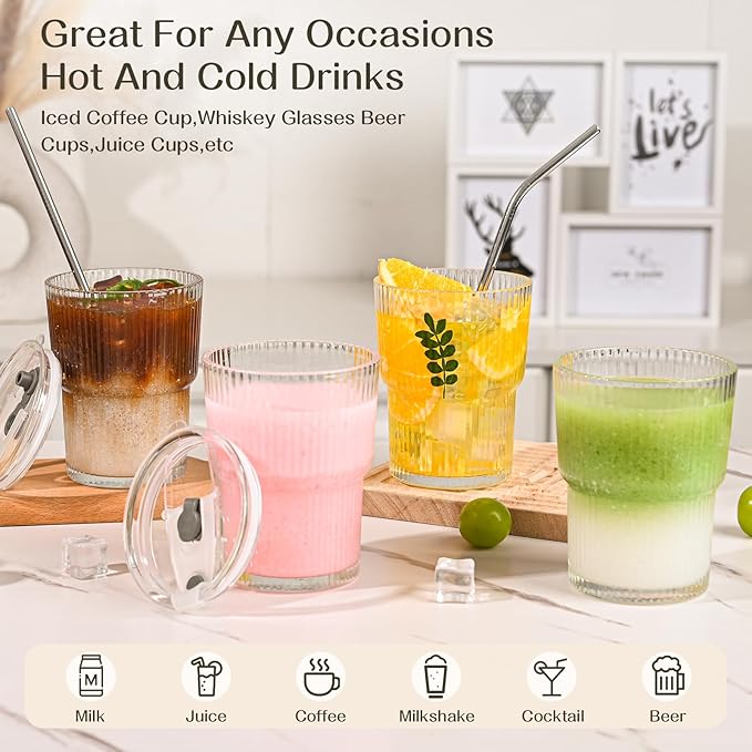 13oz Iced Coffee Cups,4Pcs Glass Cups with Lids and Straws Drinking Glasses,Clear Ribbed Glassware,Reusable Tumbler Glass to Go Cup for Matcha, Iced Tea,Juice