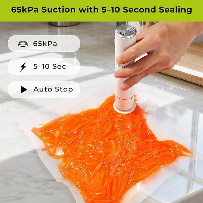 Handheld Vacuum Sealer for Food, 65kPa Portable Vacuum Pump with 30 BPA-Free Reusable Food-Grade Bags, Type-C Rechargeable for Meal Prep, Leftovers, Freezer Storage, Sous Vide & Containers