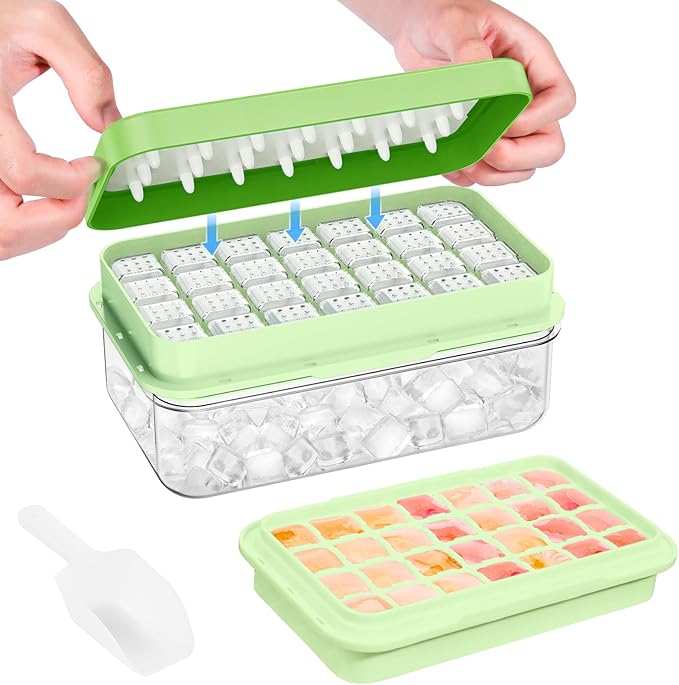 Ice Cube Tray with Lid and Bin, 28 pcs Ice Cubes Molds, Ice Trays for Freezer, Ice Cube Tray Mold, with 1 tray, Ice Freezer Container, Spill-Resistant Removable Lid & Ice Scoop, for Whiskey,Cocktail