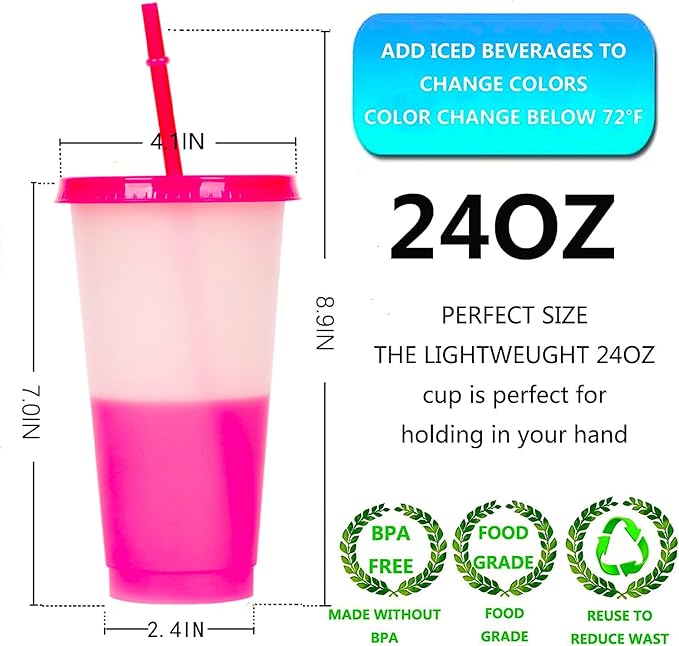 Color Changing Cups, 24 Pack 24oz Plastic Tumblers, Reusable Iced Coffee & Smoothie Cups with Lids and Straws for Parties and Travel (24, White)