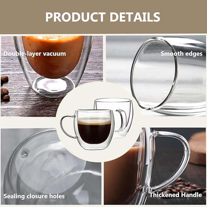 DINGPAl 4 Pack 8oz Double Wall Glass Coffee Mugs,Heat-resistant Borosilicate Glass Mug Cappuccino Espresso Tea Latte Cup with Handle,4 Spoons for Stirring Beverages in Bar,Cafe,or at Home