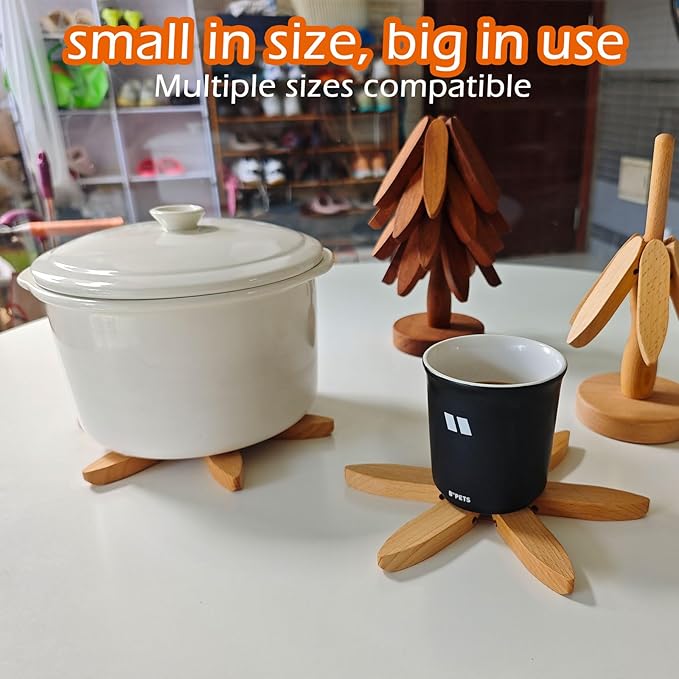 Wooden Tree Trivets for Hot Dishes - Set of 4 with Stand, Natural Foldable Kitchen Trivets for Pots, Pans, Bowls & Teapots - Walnut