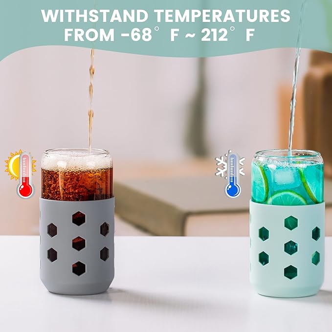 Mrsdry Glass Cups with Lids and Straws 4 Pcs, 16oz Glass Tumbler with Silicone Straw and Sleeve for Coffee Bar Accessory, Drinking Glasses Set Reusable Iced Coffee Cup - Smoothie Cup for Gifts