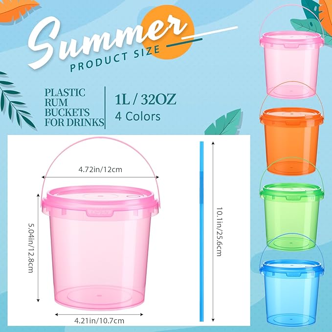 Funnymoom 48 Pack 32 oz Plastic Rum Buckets for Drinks with Straws Ice Cream Cocktail Bucket with Lids and Handles Reusable Food Containers Cup for Parties Summer Beach Bar Beer (Muticolor)