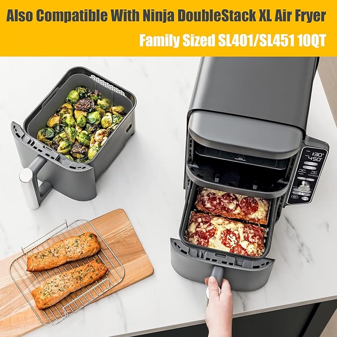 2PCs Air Fryer Silicone Liners for Ninja Foodi DualZone XL 2-Basket DZ550 DZ550GY/DZ401/DZ302, Reusable Food Grade Airfryer Baking Tray Replacement Accessories for Ninja/Cosori Dual-Bakset 9-10QT Gray