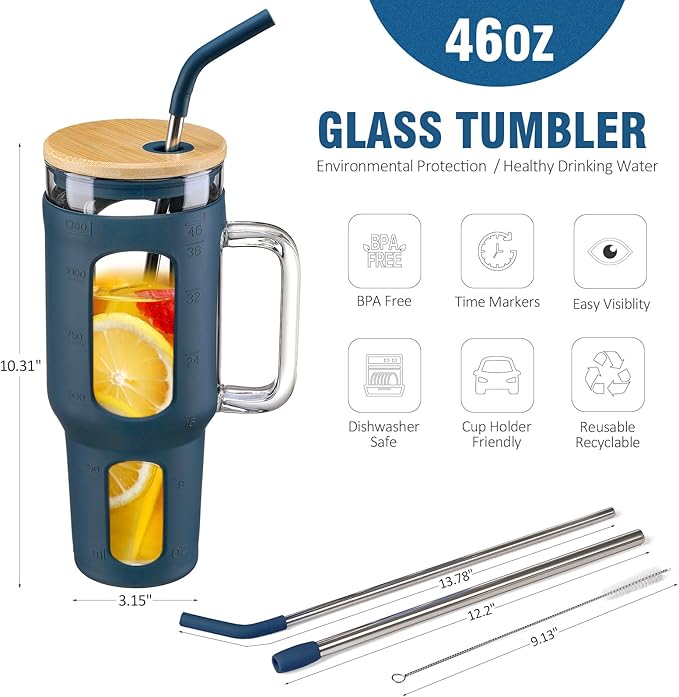WINSA Glass Tumbler with Lid and Straw, 46 oz Iced Coffee Cup with Handle, Large Water Bottles with Silicone Sleeve, Glass Cup with Straws - Pearl Straw & Drinking Straw BPA Free-Blue