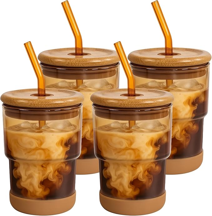 Zukro 13 oz/400ml Glass Cups with Bamboo Lid and Straw, Thick Wall Reusable Glass Tumbler for Iced Coffee, Tea, Matcha, Water Glasses for Home, Office, Non-Slip & BPA Free, Amber 4 Pack