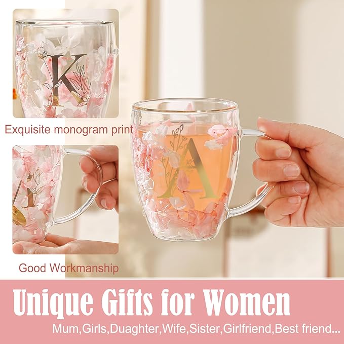 Personalized Gifts for Women Cute Monogrammed Double Wall Glass Coffee Mug Tea Cup with Spoon Customized Birthday Valentine Mother's Day Christmas Gift for Mom Wife Friends Sister Coworker(Letter A)