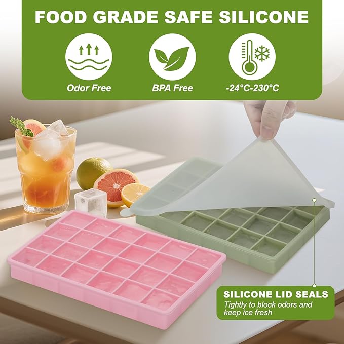 Silicone Ice Cube Tray, Easy Release Flexible Ice Cube Tray with Removable Lid, 24 Small Ice Cub Per Tray for Whiskey, Freezer, Cocktail, Reusable & BPA Free (Pink+Green)