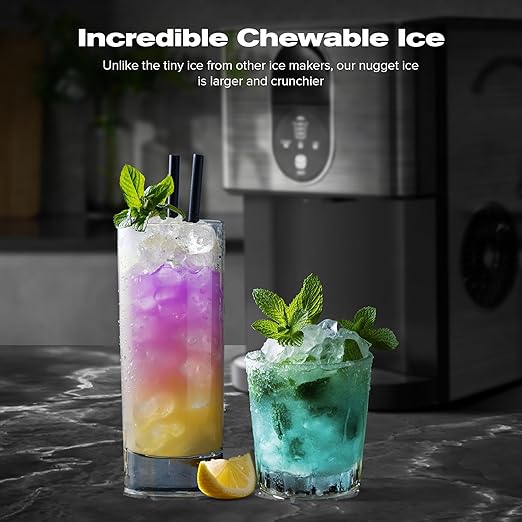 Kismile Countertop Nugget Ice Maker, 44lbs/24H Soft Chewable Pebble Ice Machine with Self-Cleaning and One-Click Operation, Compact Pellet Ice Maker for Home & Kitchen (Black)