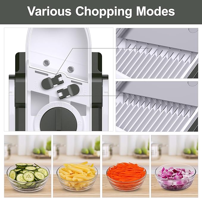 Safe Mandoline Slicer for Kitchen, Adjustable Thickness 0.1-8 mm, 5 in 1 Multi Vegetable Chopper, Potato Slicer, Food Chopper French Fry Cutte, with Paring Knife/Cleaning Brush, Mandolin (GreenBlack)