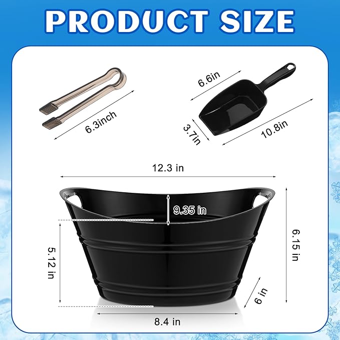 Zhehao 10 Pcs Ice Bucket for Parties 4.5 l Oval Beverage Tub with 5 Plastic Ice Scoops and 5 Tongs Champagne Bucket for Beer Wine Cocktail Beverage Bar Banquet Family Gathering (Small Scoops, Black)