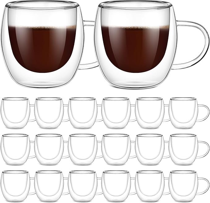 Gerrii Espresso Cups Double Walled Espresso Shot Glass with Handle Cups Insulated Clear Small Shot Glasses for Cappuccino Latte Hot Beverage(2.5 oz,Round Bottom,20 Pcs)