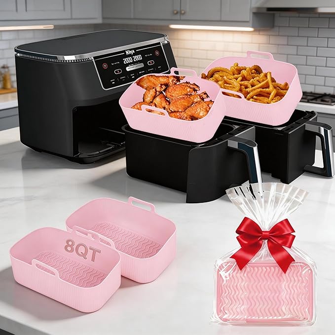 Silicone Air Fryer Liners for Ninja - Reusable DZ201 8QT Dual Basket - Rectangular 2-Pack Vacuum-Packed Easy-Clean Dishwasher-Safe Food-Safe for Home Chefs - Housewarming Gifts