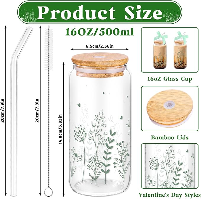 NatNarr 2 Pcs Glass Cups with Lids and Straws, Gifts for Women Sage Green Spring Floral Cute Glasses Cups, Aesthetic Glass Cup for Mothers Day Gifts Girls New Mom Birthday Baby Shower Party Gift