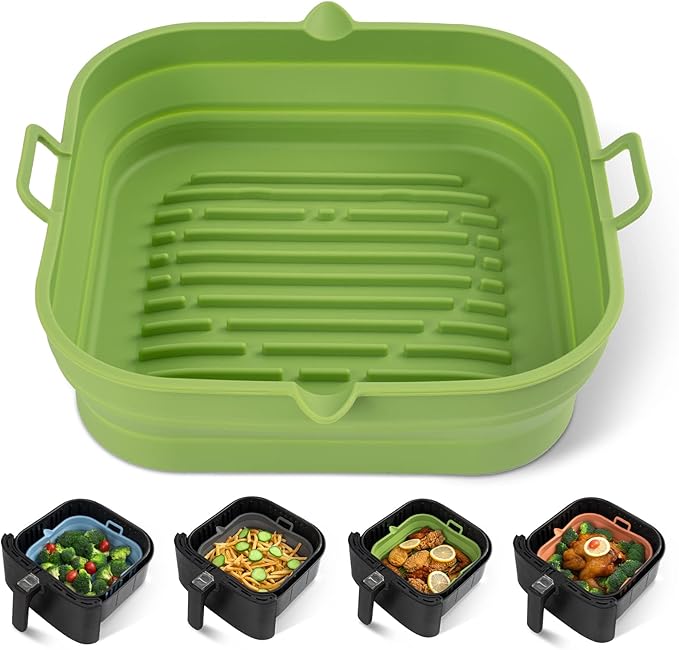 Silicone Air Fryer Liners Square - Reusable Airfryer Collapsible Basket - Easy to Clean Air Fryers Pot for 5.8 to 8 Qt Baking Tray Oven Accessories, 8.5 Inch Large