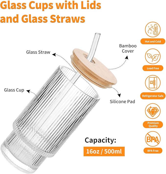 16oz Glass Cups with Lids & Straws,Glass Tumbler with Straw and Lid, Trendy Ribbed Design & Stackable for Iced Coffee/Cold Brew, Perfect for Home/Office by Coffee Lovers & Commuters (16OZ-6PACK)