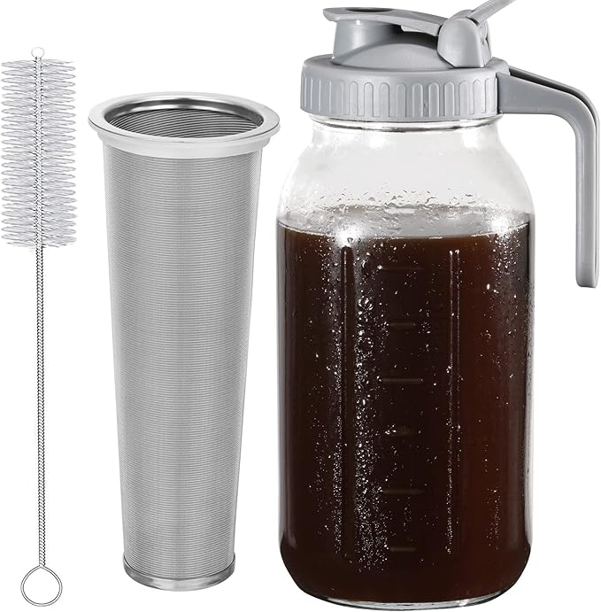 Glyntrof Cold Brew Coffee Maker Pitcher, 64 Oz Heavy Duty Wide Mouth Glass Mason Jar pour spout Lid with Stainless Steel Filter for Iced Coffee, Ice Lemonade, Fruit Drinks, Sun Tea