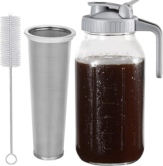 Glyntrof Cold Brew Coffee Maker Pitcher, 64 Oz Heavy Duty Wide Mouth Glass Mason Jar pour spout Lid with Stainless Steel Filter for Iced Coffee, Ice Lemonade, Fruit Drinks, Sun Tea