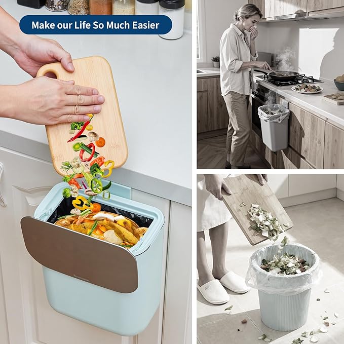 PrecisionAuto 2.4 Gallon/9L Hanging Trash Can with Stainless Steel Lid, Mountable Under Sink Compost Bin for Kitchen Cabinet Door, Food Waste Bin for RV, Bathroom, Office - Green