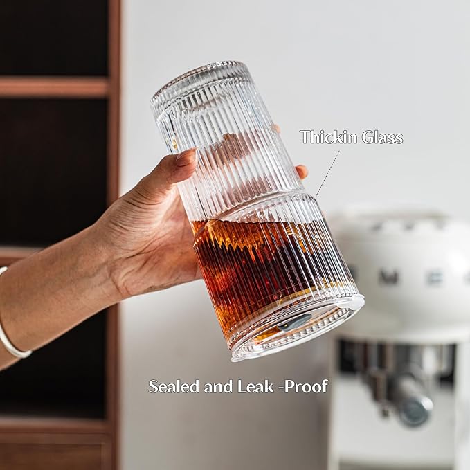 INSETLAN 20 oz Ribbed Glass Tumblers with Lids and Glass Straws – 2-Piece Glassware Set, Heavy-Duty Tumblers, Ideal for Iced Coffee, Smoothies, Cocktails, and Juices – Elegant and Durable Drinkware