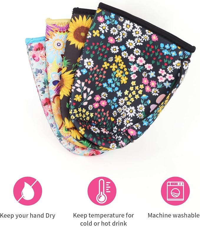 4Pack Reusable Iced Coffee Sleeve Insulator Sleeves for Cold Drinks Beverages, Neoprene Cup Holder for Most Coffee, Fits 30-32oz Large Cups (Floral Meadow With Handle)
