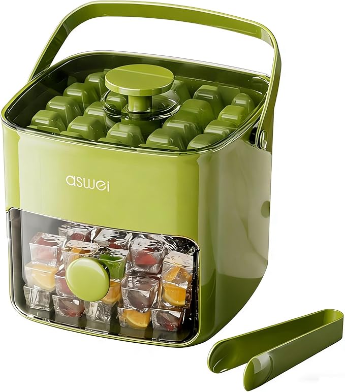 Compact Ice Cube Tray with Lid and Bin, Mini Press-Type Ice Maker for Freezer, Space-Saving Small Ice Bucket with Tongs for RV, Office, Mini Fridge & Water Bottles, BPA-Free (Green)