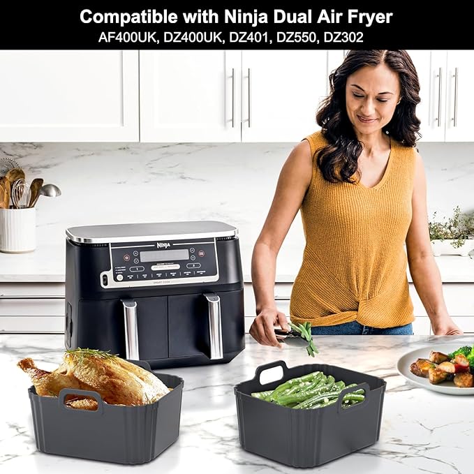 10QT Large Thickened Silicone Air Fryer Liners 2 Pack for Ninja Foodi Dual Zone DZ550 DZ401 DZ550GY DZ302, Reusable 2-Basket Trays, 6-in-1 DualZone Airfyer Accessories