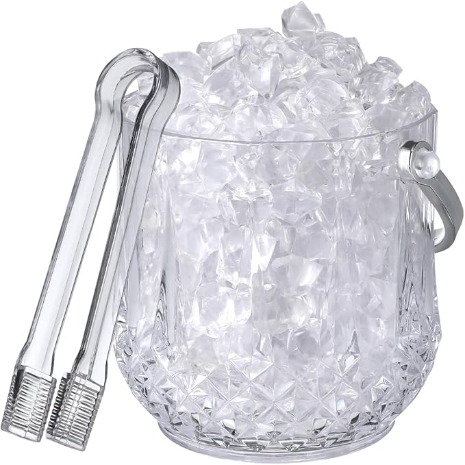 Operitacx Small Plastic Ice Bucket with Tongs and Handle Clear Portable Ice Cube Bucket 5.11 Height for Wine Beer Beverage Cooler and Party Use