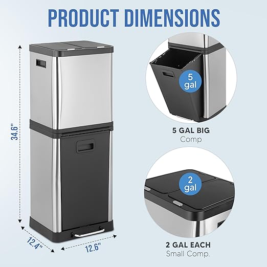 HOLDN’ STORAGE 36L Triple-Compartment Trash & Recycling Bin for Kitchen, Multi-Access Opening, Odor Control, Stainless Steel, 3 Trash Bag Rolls Included